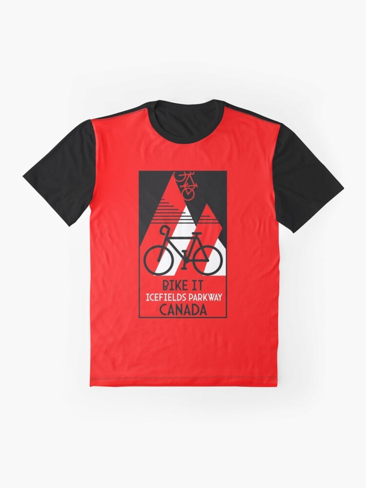 Graphic T-shirt design featuring a cyclist riding on the Icefields Parkway in the Canadian Rockies, Alberta, Canada - Flat lay