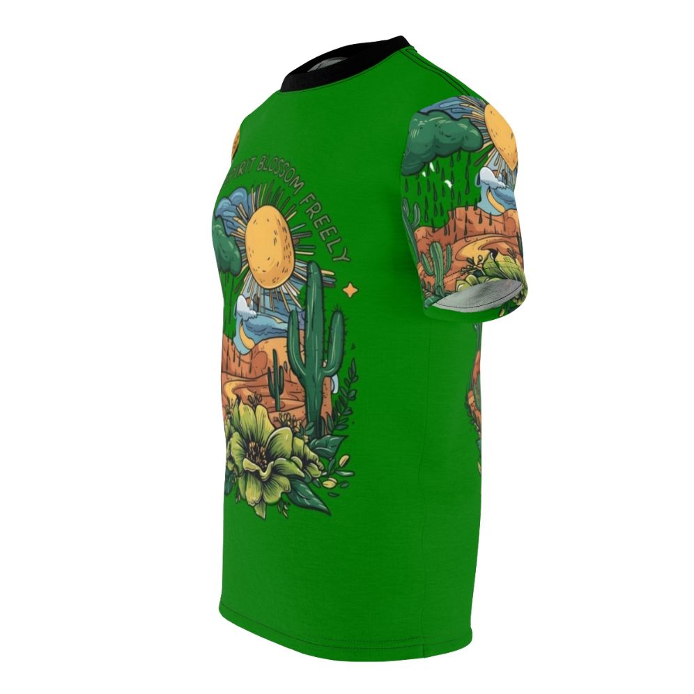 Vibrant floral graphic design featuring blooming flowers, greenery, and a starry sky on a comfortable t-shirt. - men left