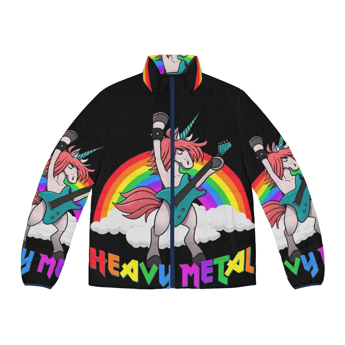 Heavy metal unicorn puffer jacket with guitar design