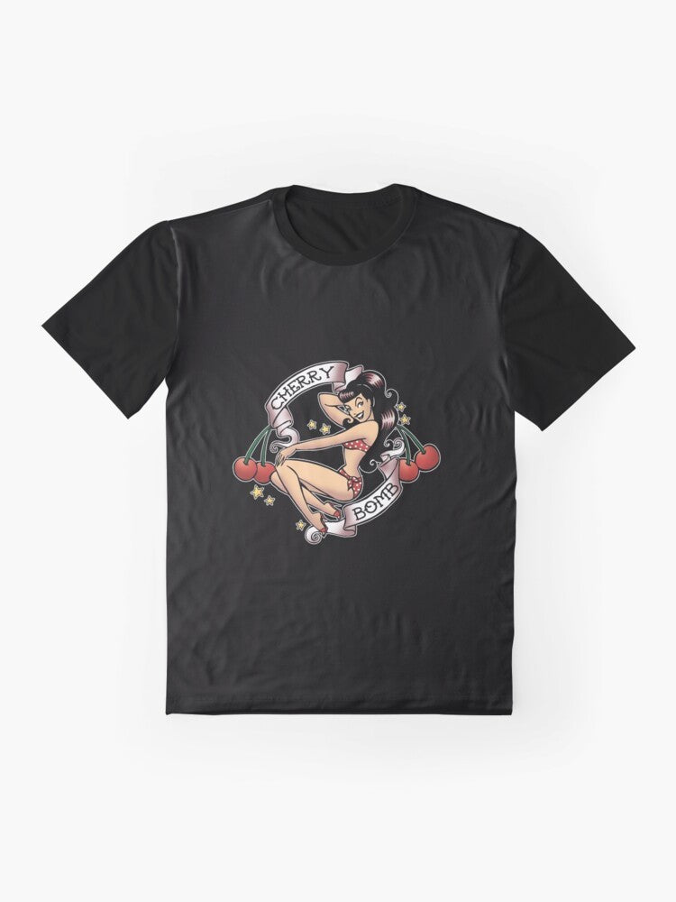 Retro cherry bomb pinup girl graphic t-shirt - Flat lay