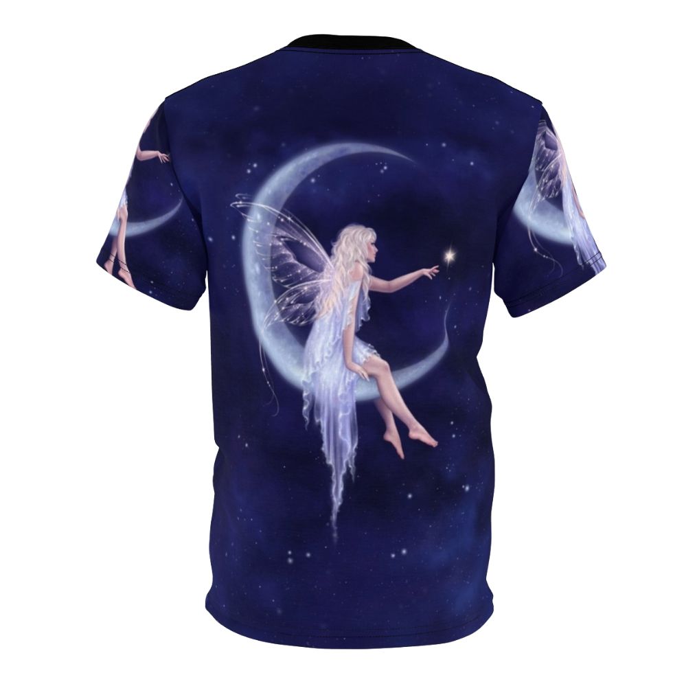 Whimsical fairy figure floating in a starry night sky featuring a crescent moon - Back