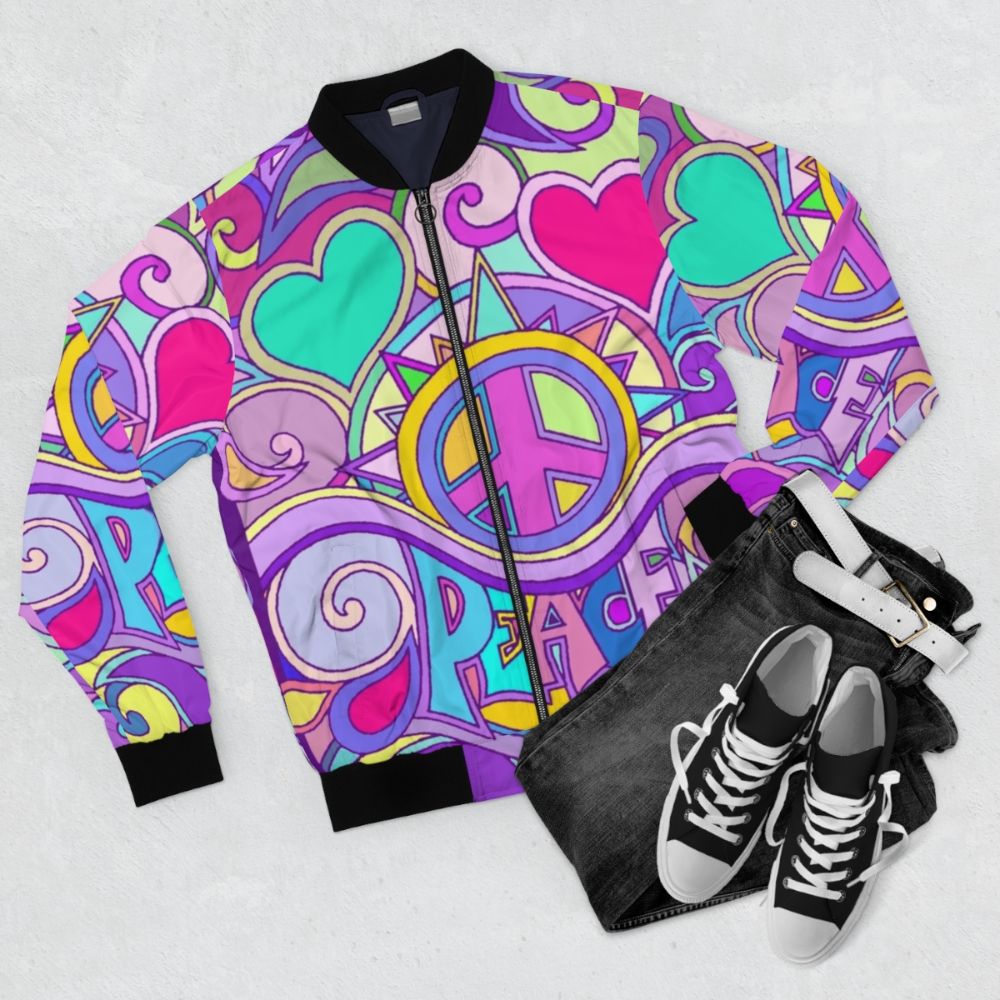 Retro psychedelic bomber jacket with colorful flower power and peace symbol graphics - Flat lay