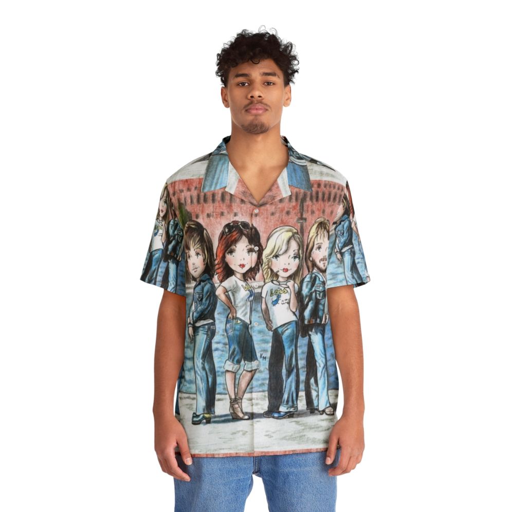 Retro Hawaiian shirt with city skyline and tropical elements - People Front