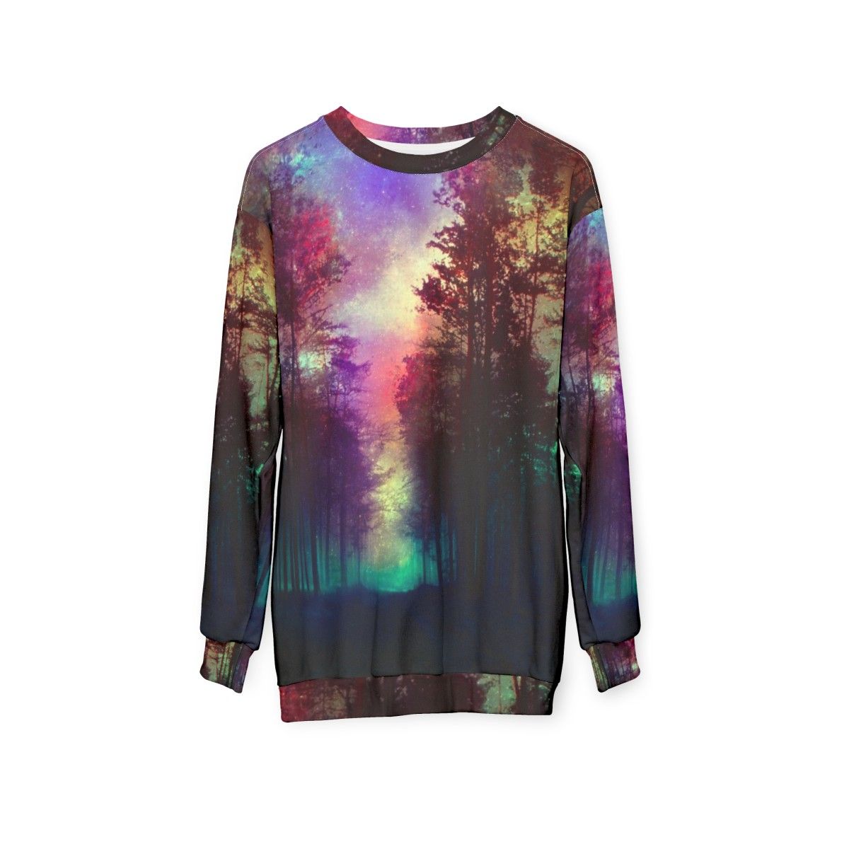 Magical forest sweatshirt featuring a scenic landscape design - hanging