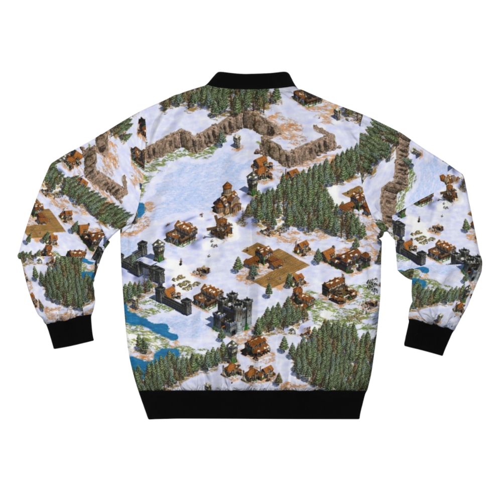 Vintage-style bomber jacket featuring the Age of Empires game logo and snowy landscape design - Back