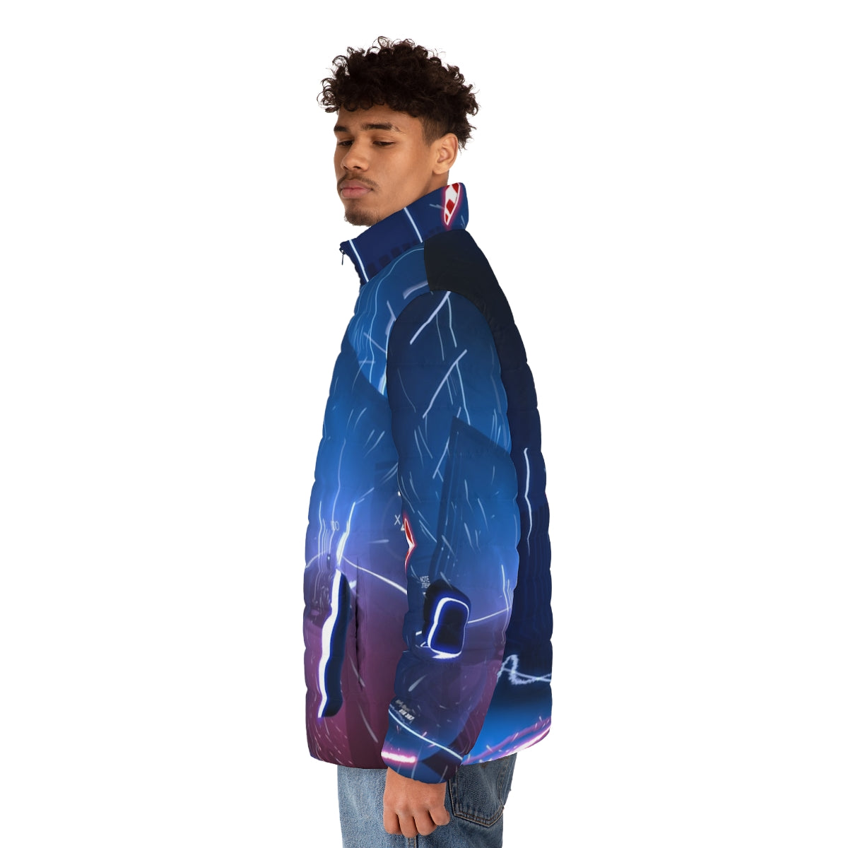 A person wearing a virtual world puffer jacket with neon lights and cyberpunk design - men side left