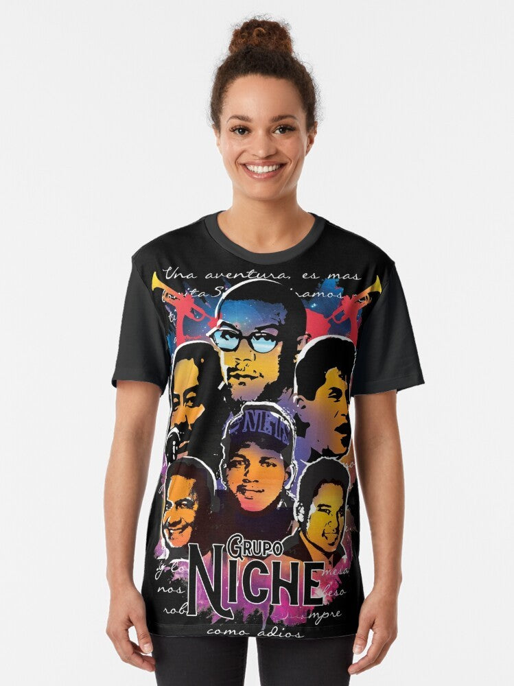 Grupo Niche Salsa Graphic T-Shirt with Dancers and Latin Music Motif - Women