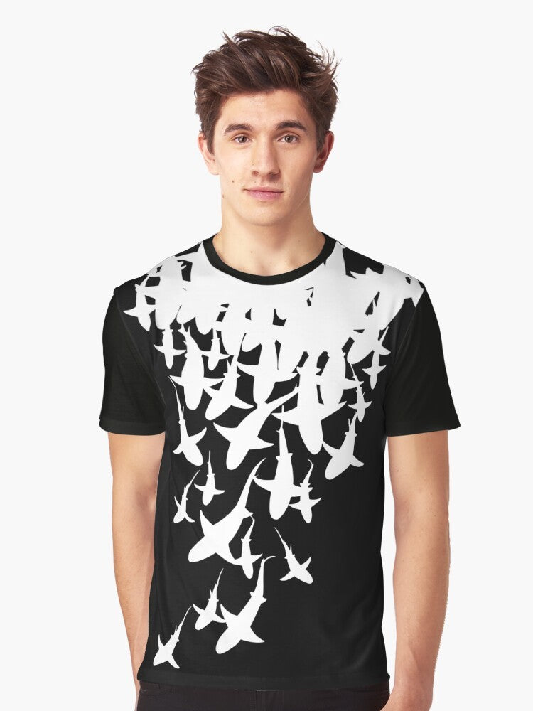 Sharks V2 Graphic T-Shirt featuring a stylized shark design in an ocean pattern - Men