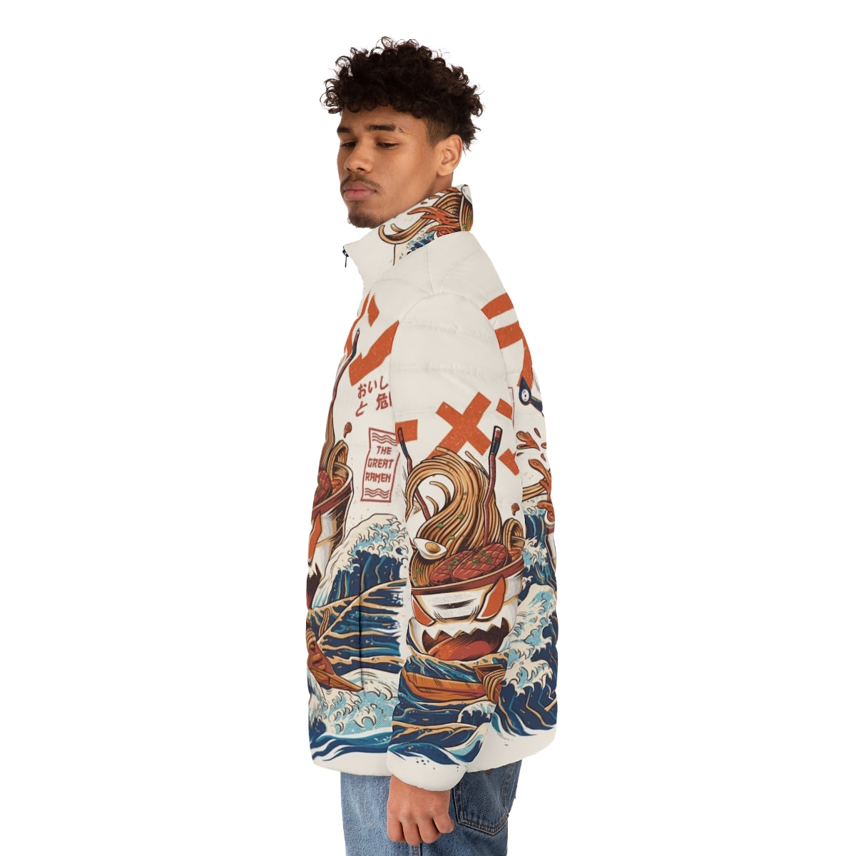 Puffer jacket featuring a vintage Japanese-style illustration of a kaiju monster emerging from a bowl of ramen noodles - men side left