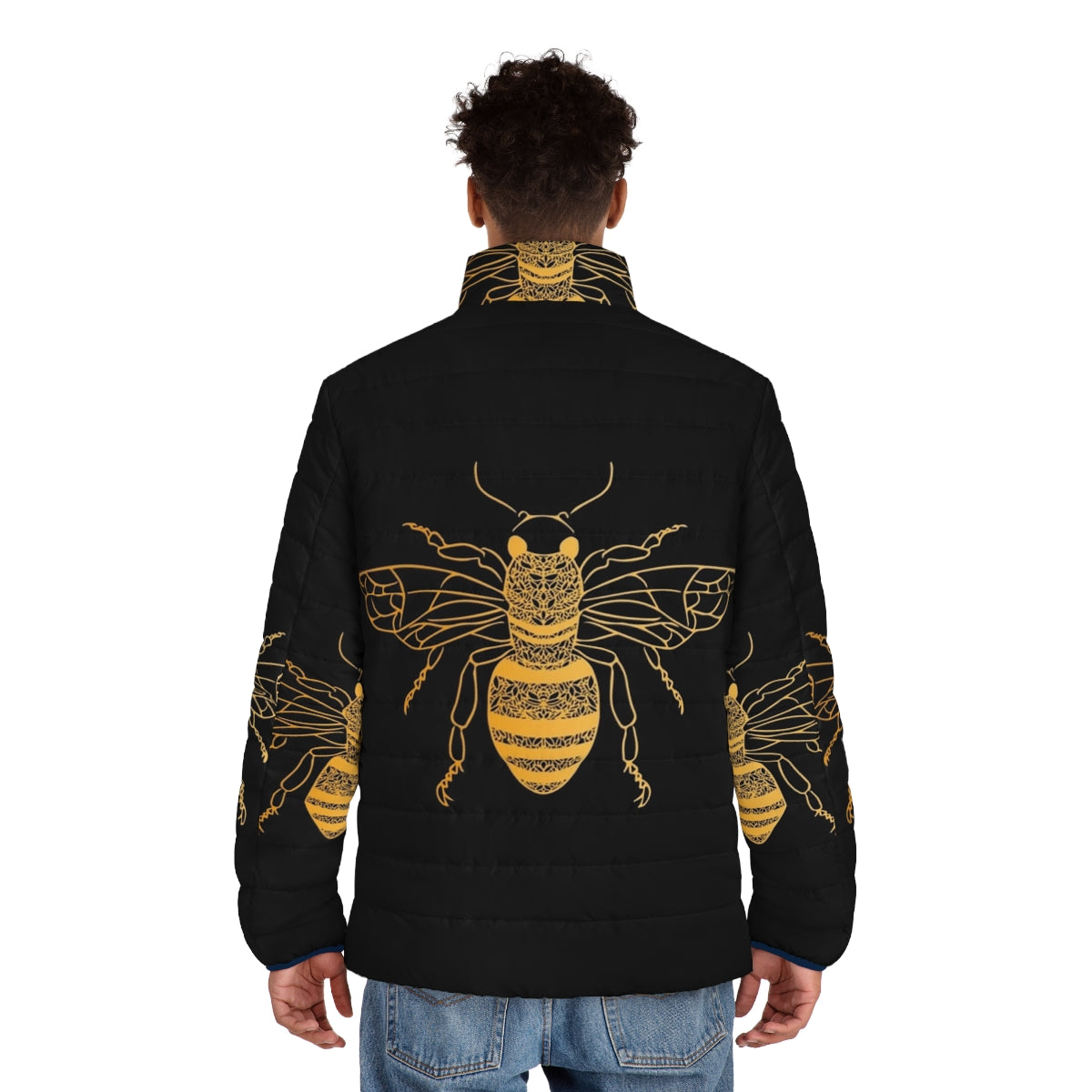 Model wearing a floral puffer jacket with a golden honeycomb pattern, inspired by nature and honey bees. - men back