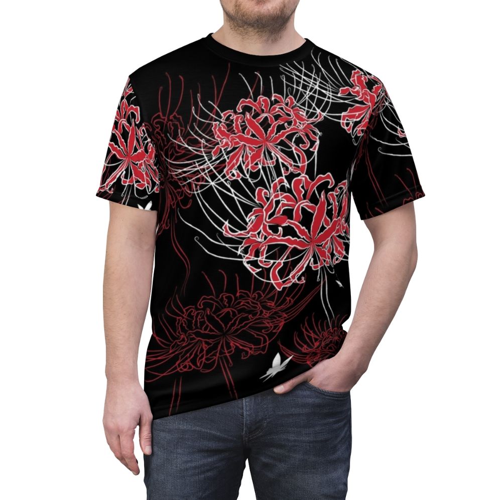 Stylish t-shirt featuring a vibrant spider lily and butterfly design in a Japanese-inspired pattern - men front