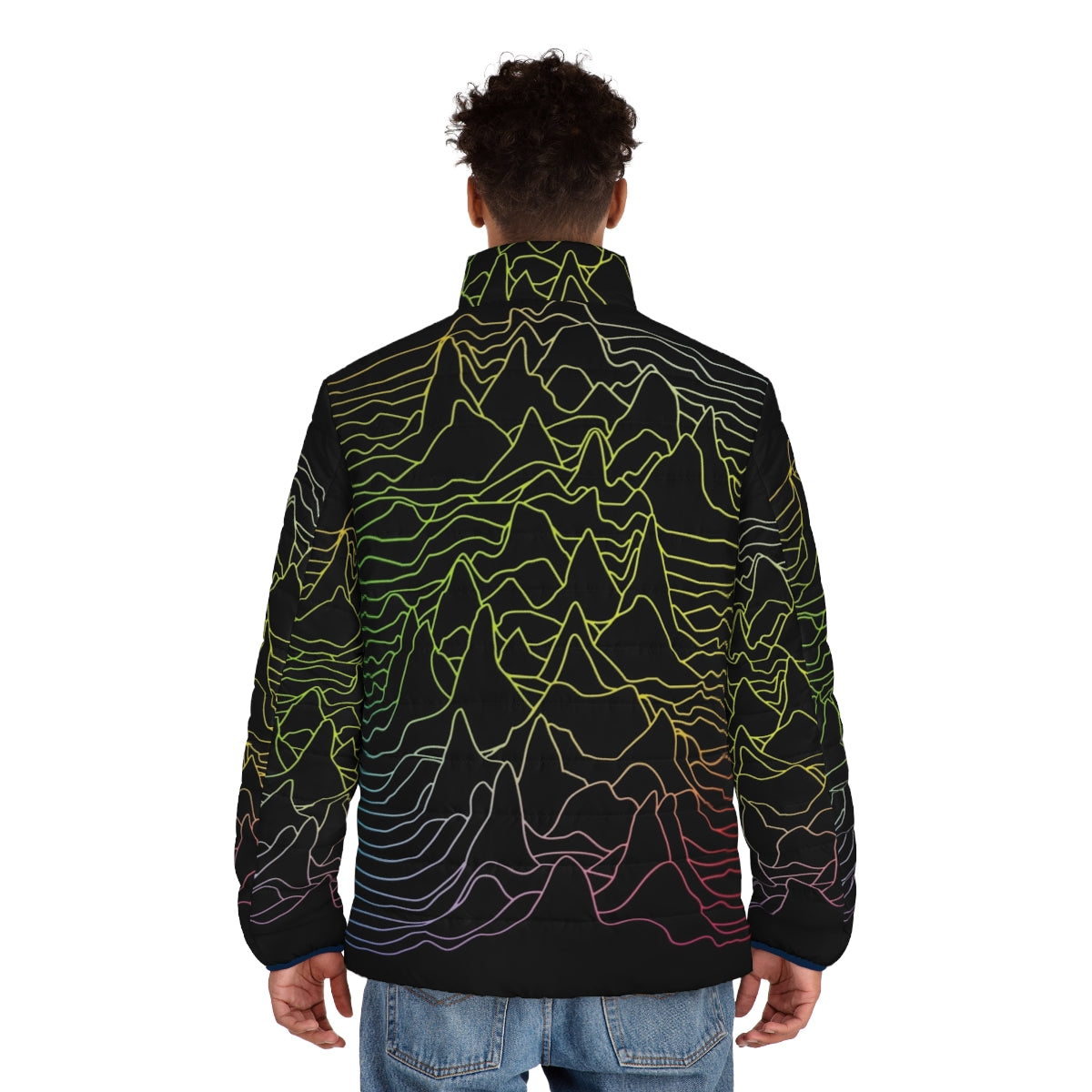 Minimalist black and white puffer jacket with abstract sound wave graphic design - men back