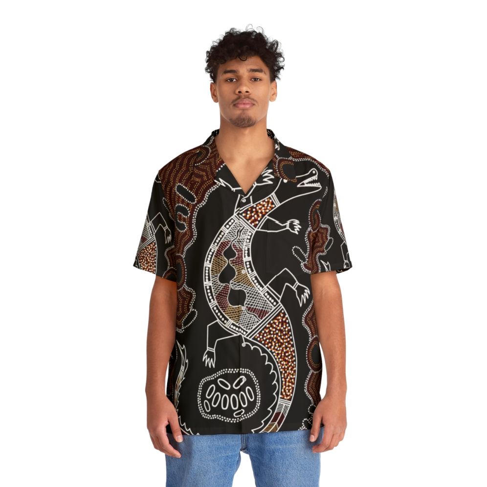 Authentic Aboriginal Art Crocodile Hawaiian Shirt with Australian Wildlife - People Front