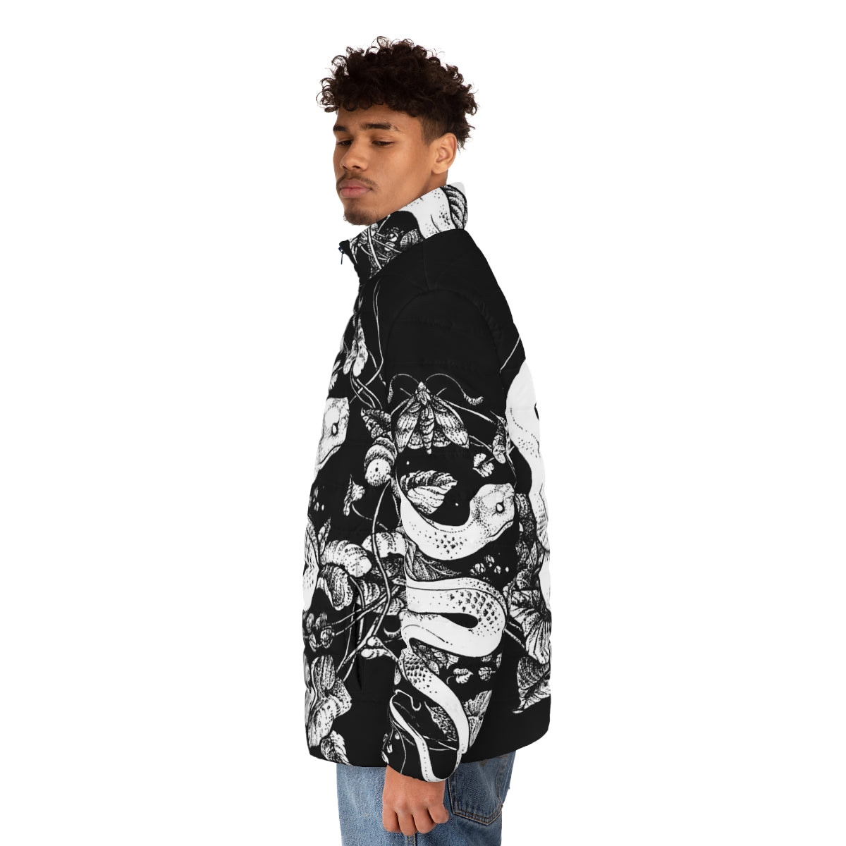 Dark, gothic inspired puffer jacket with nature-based illustrations - men side left