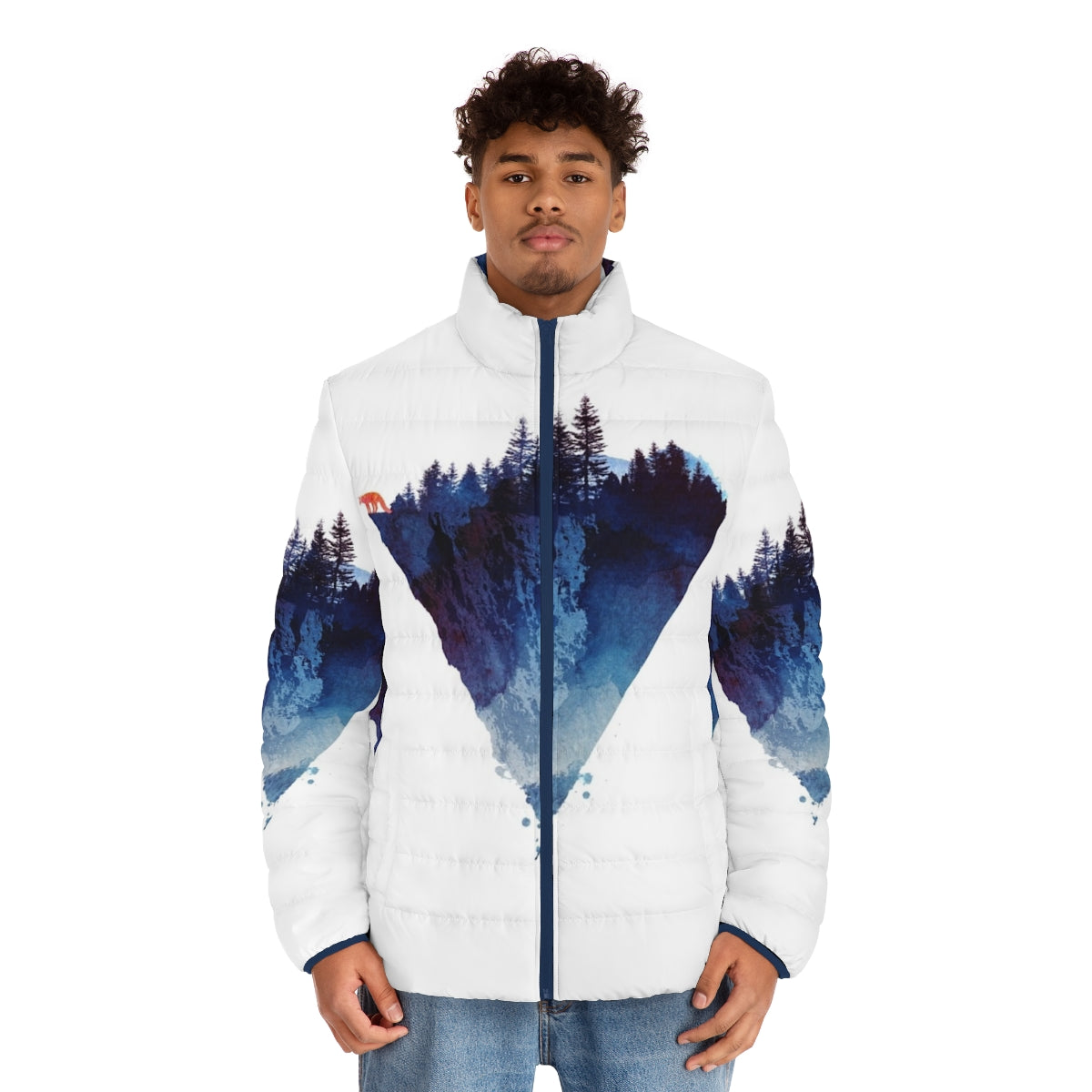 Watercolor-inspired puffer jacket featuring a fox design in a forest setting - men front