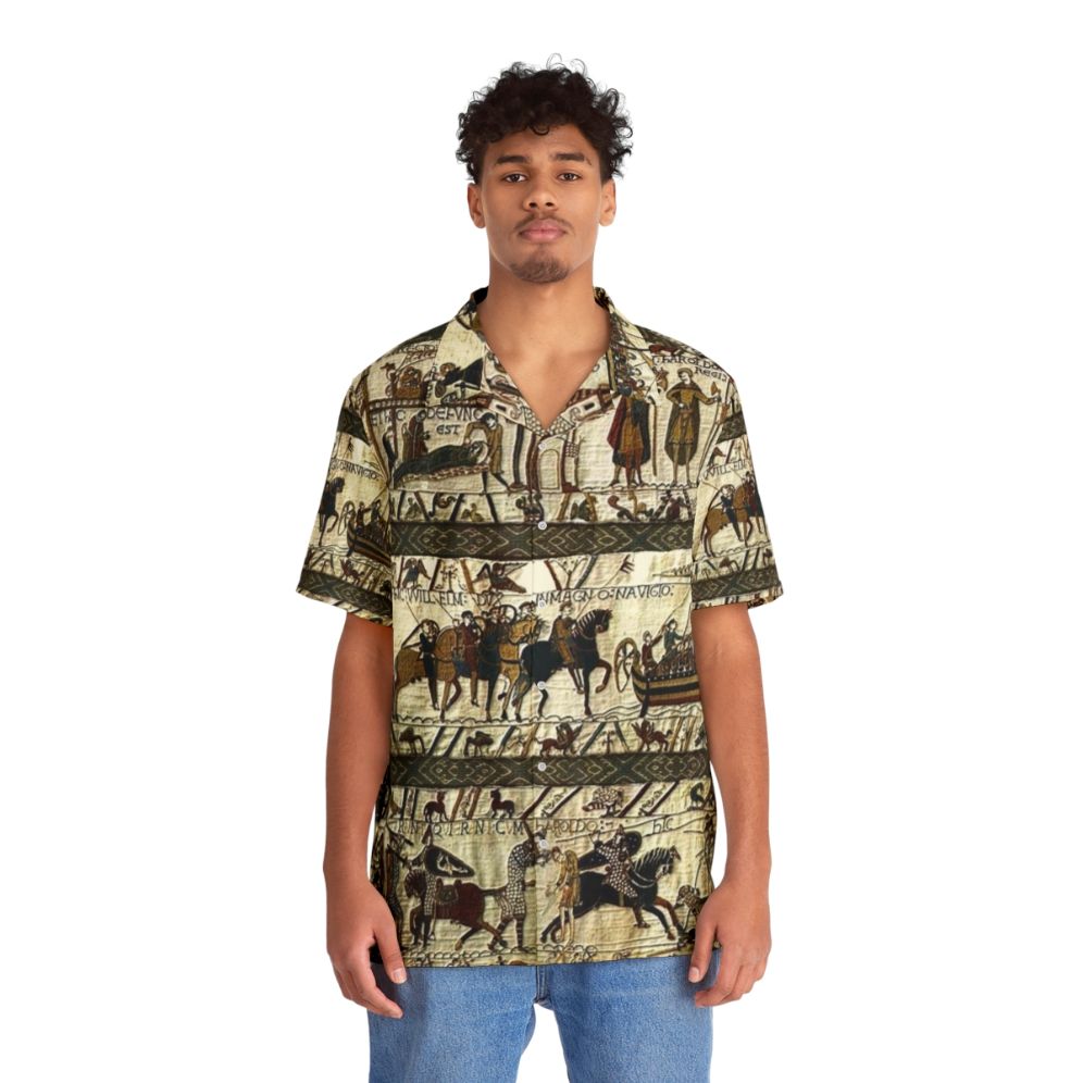 Bayeux Tapestry Hawaiian Shirt with medieval, viking, and celtic battle scenes - People Front