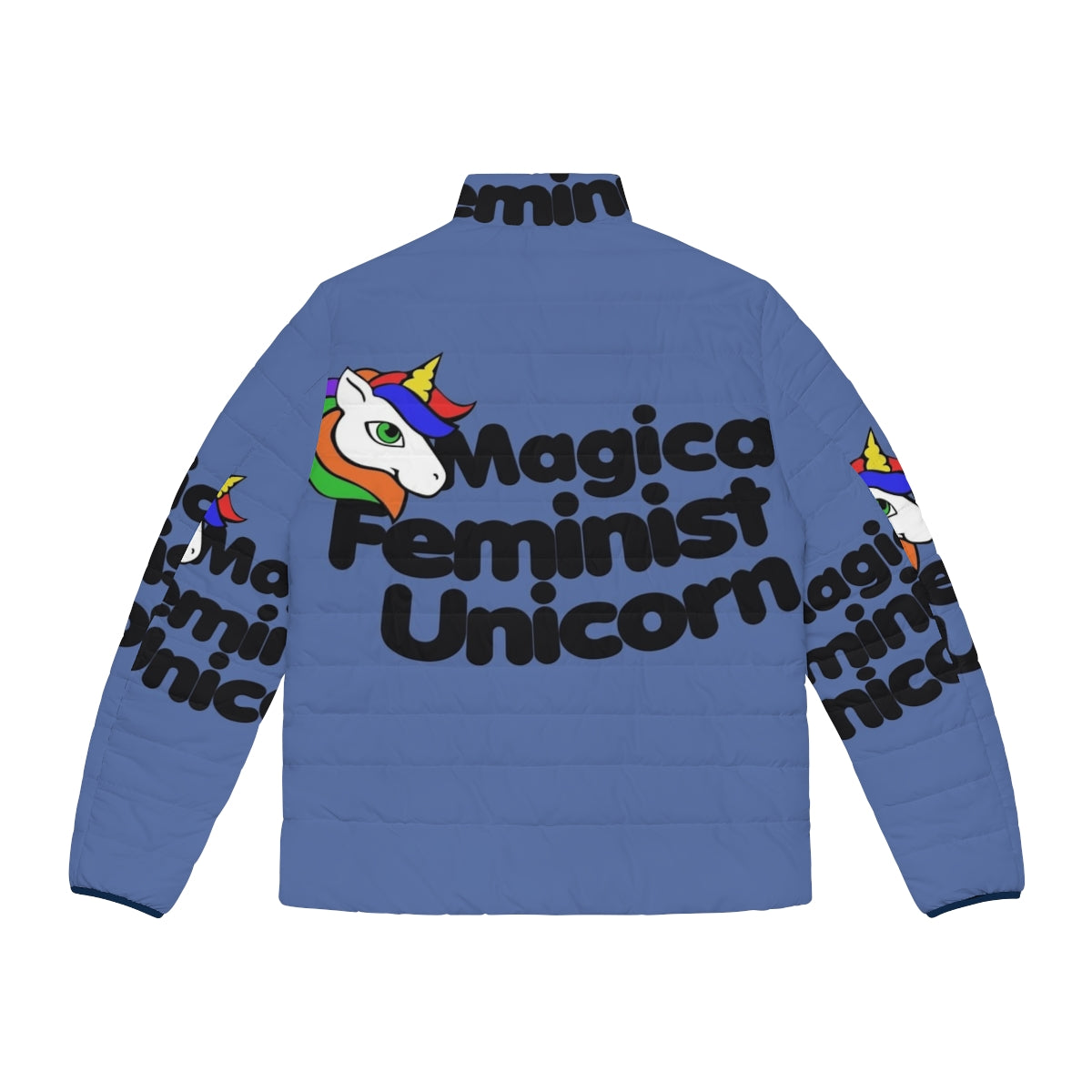 A colorful and whimsical puffer jacket featuring a magical unicorn design - Back