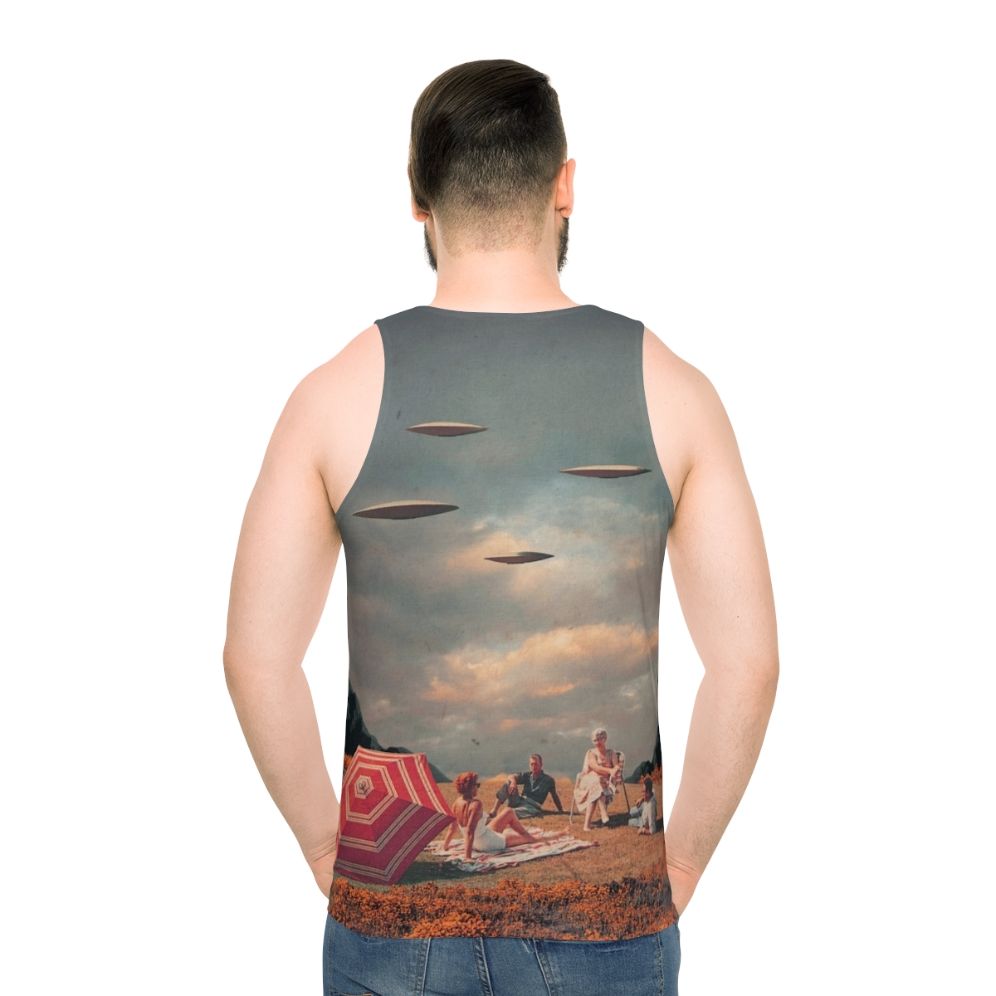 Unisex retro sci-fi tank top with surreal landscape design - men back