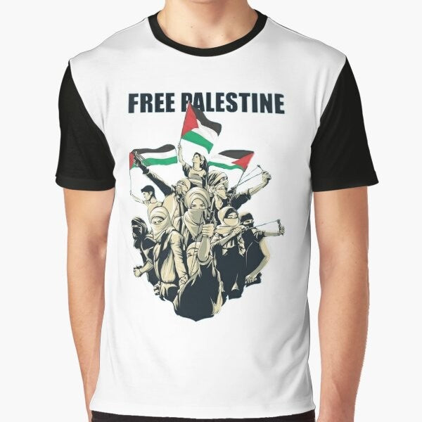 Graphic t-shirt design featuring the text "Free Palestine, Save Palestine: Palestinian Lives Matter" with the Palestinian flag.