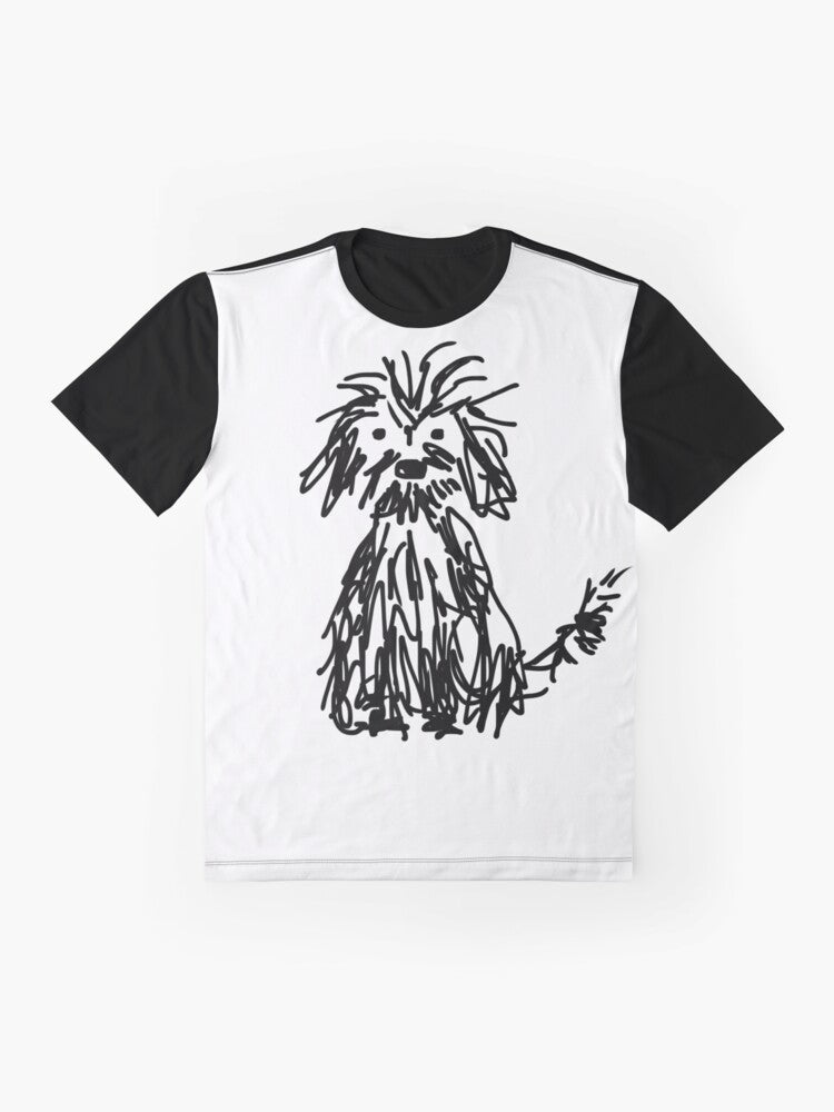 Cute shaggy black and white dog illustration on a graphic t-shirt for kids - Flat lay