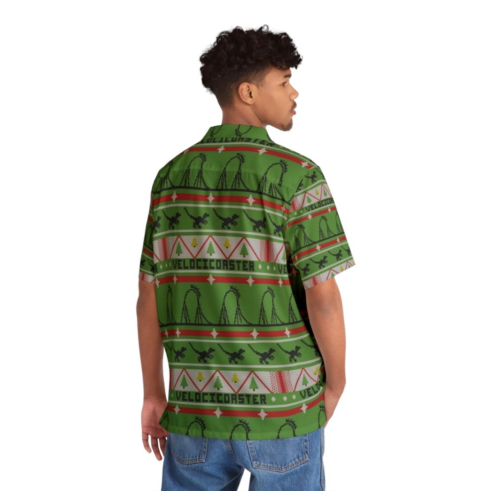 Velocicoaster Ugly Christmas Sweater Hawaiian Shirt featuring a dinosaur and tropical print design - People Back