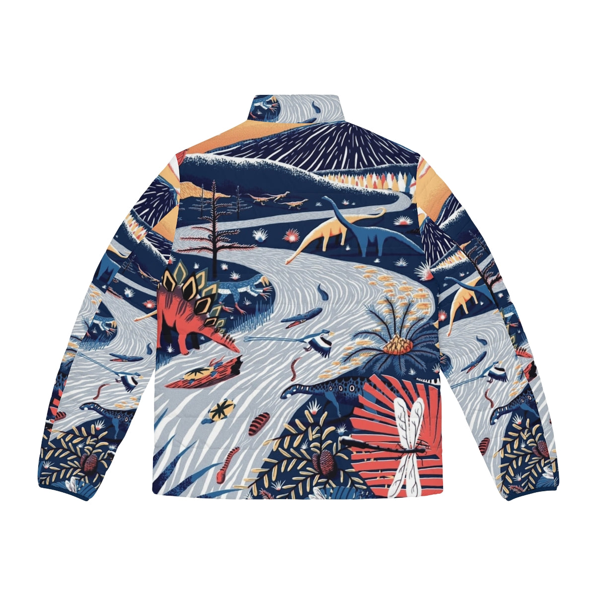 Jurassic puffer jacket featuring a colorful, limited palette design inspired by prehistoric animals - Back