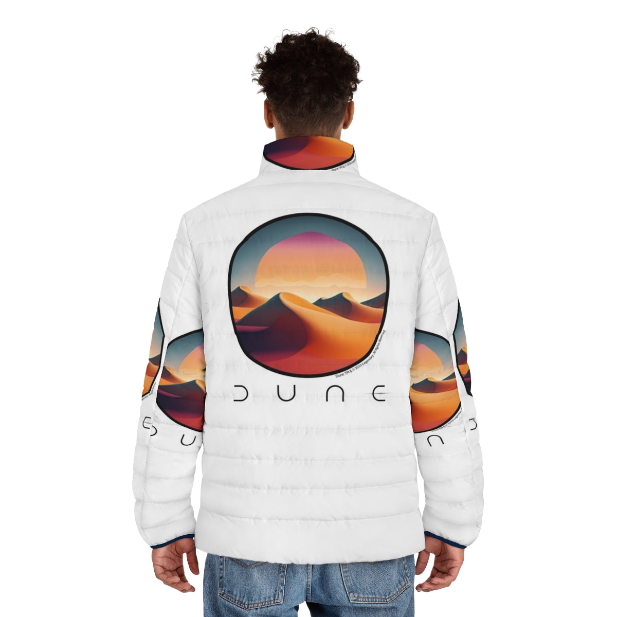 Dune-inspired puffer jacket with desert landscape design - men back