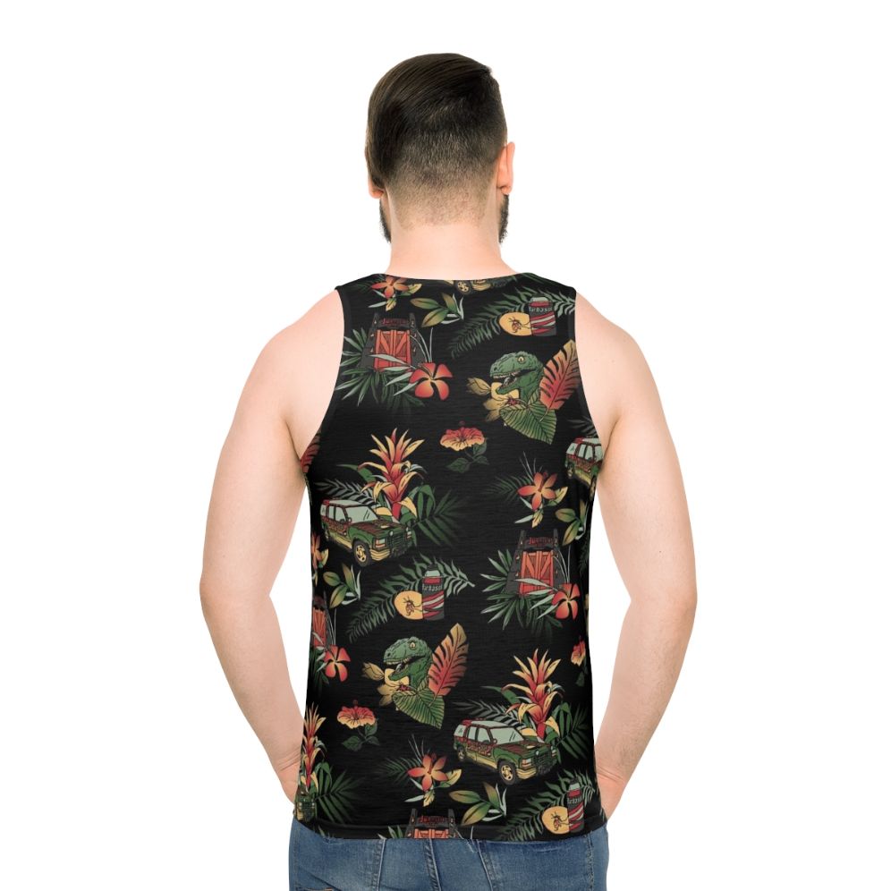 Vintage Jurassic Park inspired unisex tank top with floral dinosaur pattern - men back