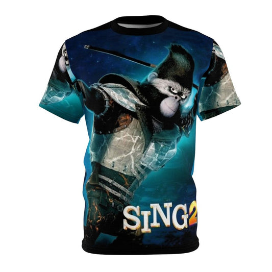 Stylish t-shirt featuring characters from the animated film Sing 2, including Buster Moon, Meena, Ash, Johnny, and more.