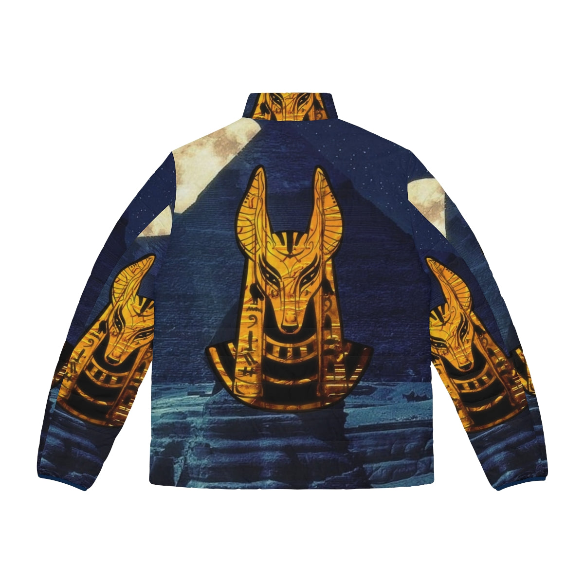 Anubis Egyptian God Puffer Jacket with Gold Accents - Back