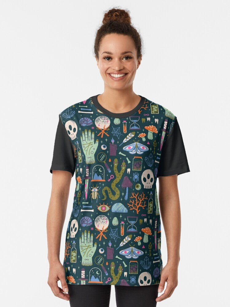 Cabinet of Curiosities Graphic T-Shirt featuring a collection of occult and natural elements - Women