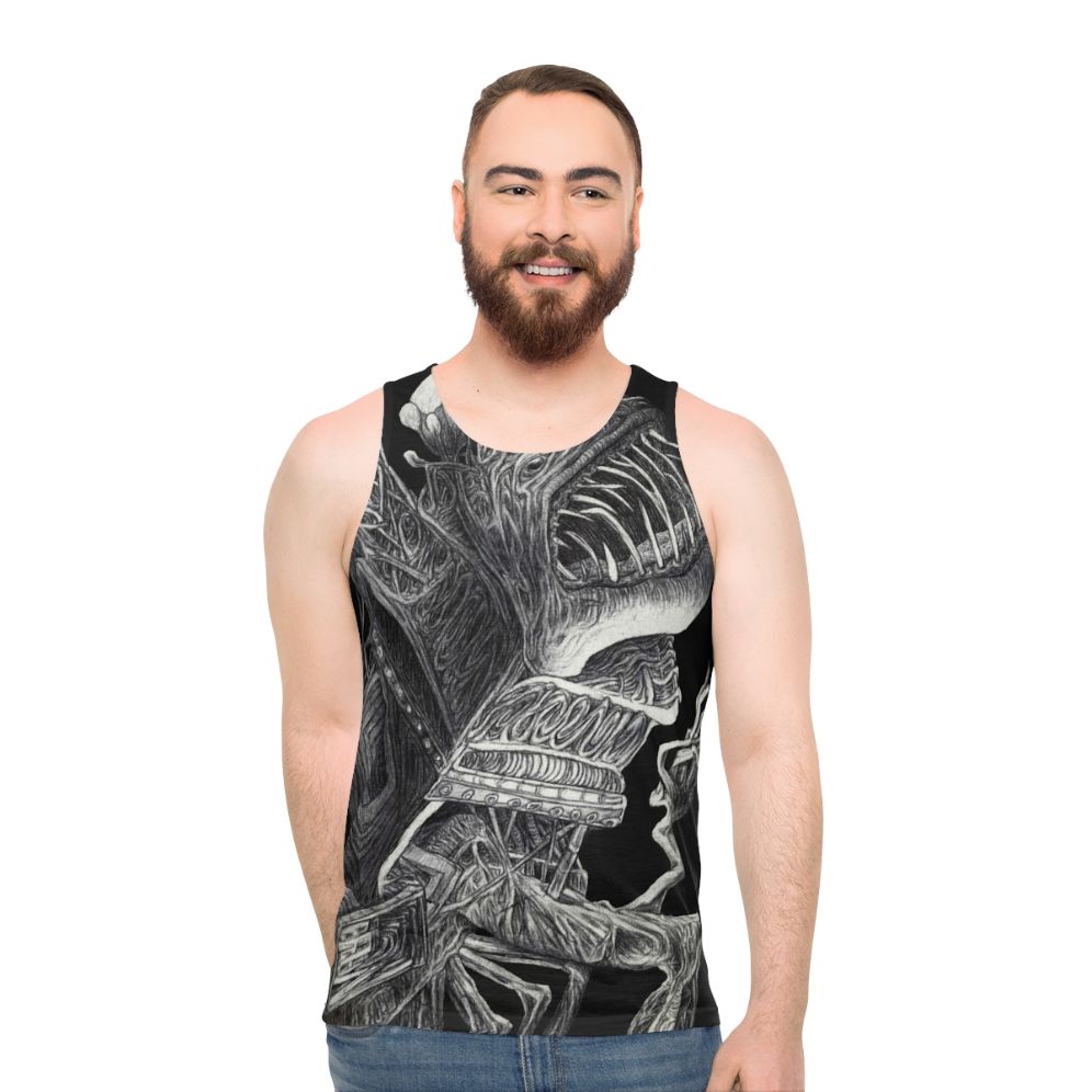 Surreal horror unisex tank top with monster graphic - men