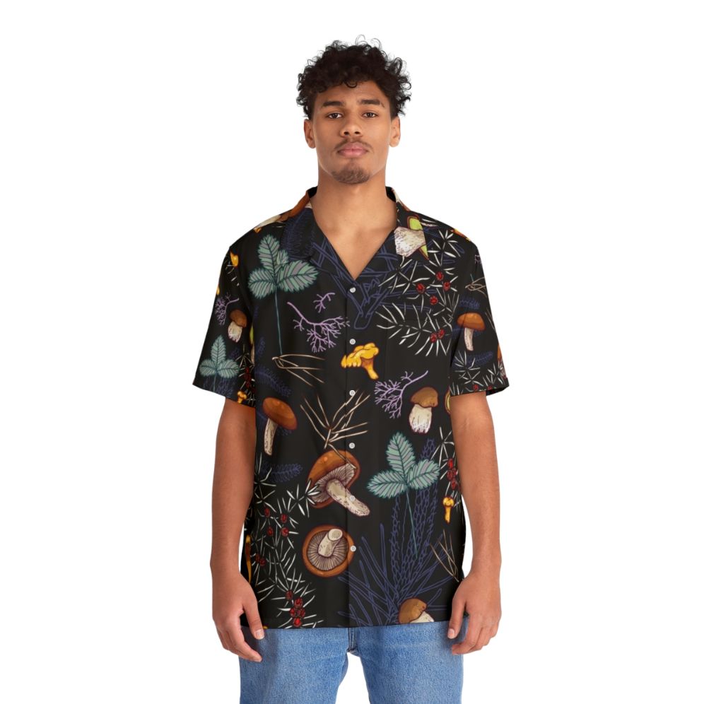 Dark Wild Forest Mushrooms Hawaiian Shirt with Autumn Leaves Nature Pattern - People Front