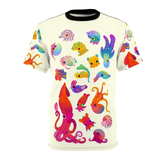 Pastel-colored print of various cephalopod sea creatures like squid, octopus, and cuttlefish on a t-shirt