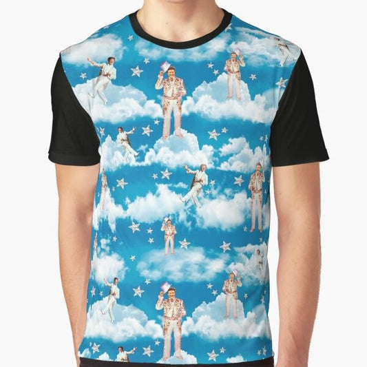 Graphic t-shirt featuring Liberace in heaven with a gold piano and glamorous design