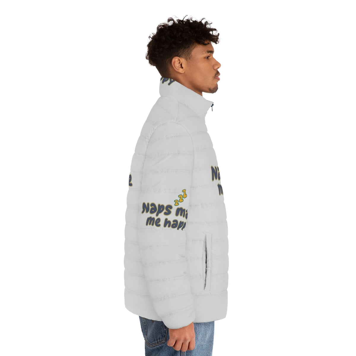 Comfortable puffer jacket featuring "Sorry I Was Sleeping, Naps Fix Everything" design - men side right