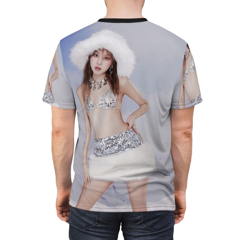 Fashionable AOP T-shirt featuring the members of the K-pop group G-IDLE, including Miyeon, Minnie, Soyeon, Yuqi, and Shuhua. - men back