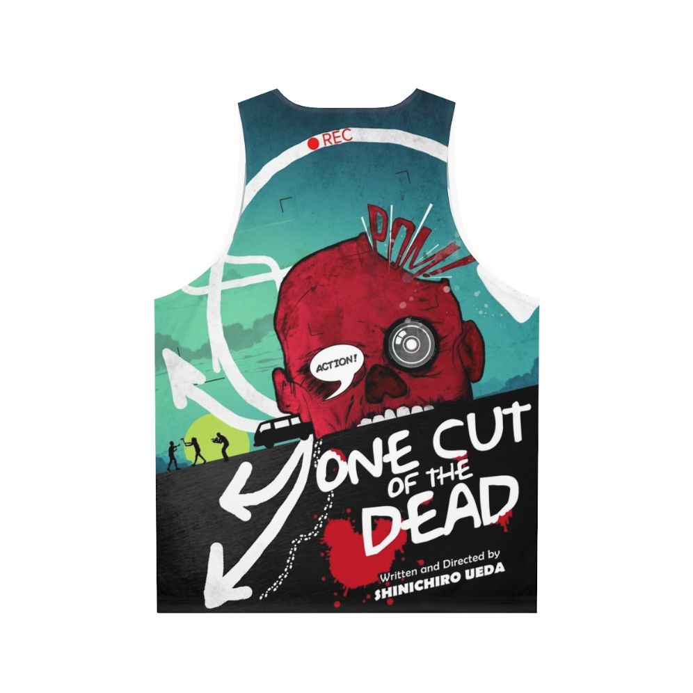 One Cut of the Dead unisex tank top featuring a zombies parody design - Back