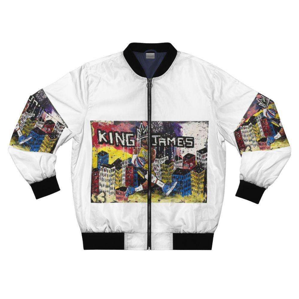 Lebron James inspired bomber jacket with basketball and Lakers graphics