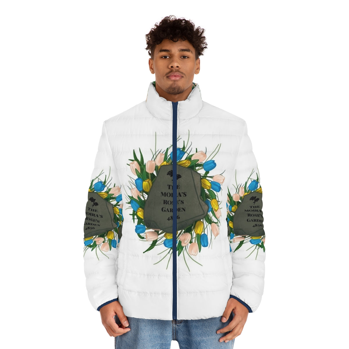 Moira Rose puffer jacket with floral garden design, Schitt's Creek fan art - men front