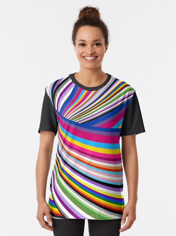 Pride Flags Graphic T-Shirt featuring a colorful rainbow design representing the LGBTQ+ community. - Women