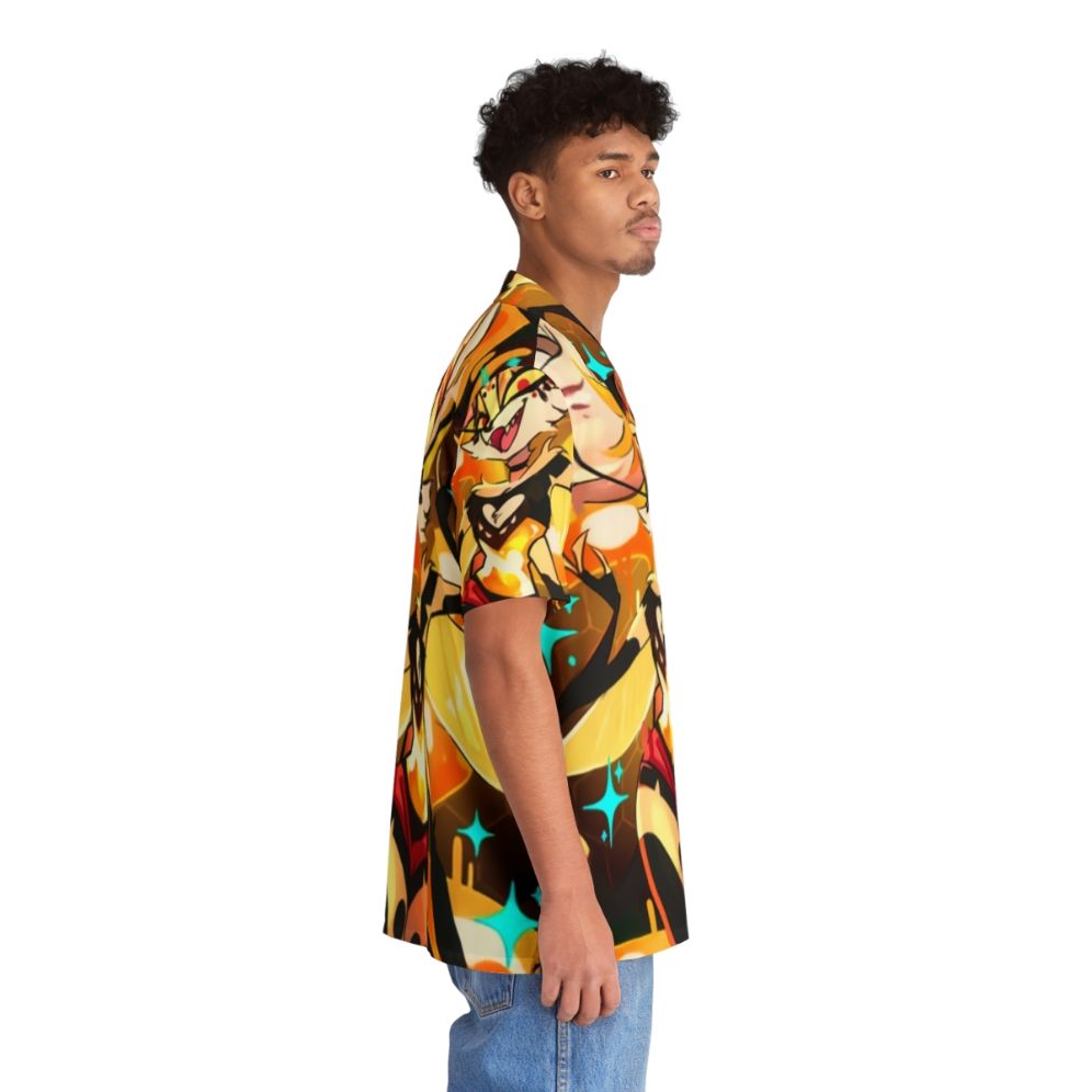 Badass Beelzebub Helluva Boss Hawaiian Shirt featuring a vibrant tropical design with bees, demons, and fiery elements - People Pight