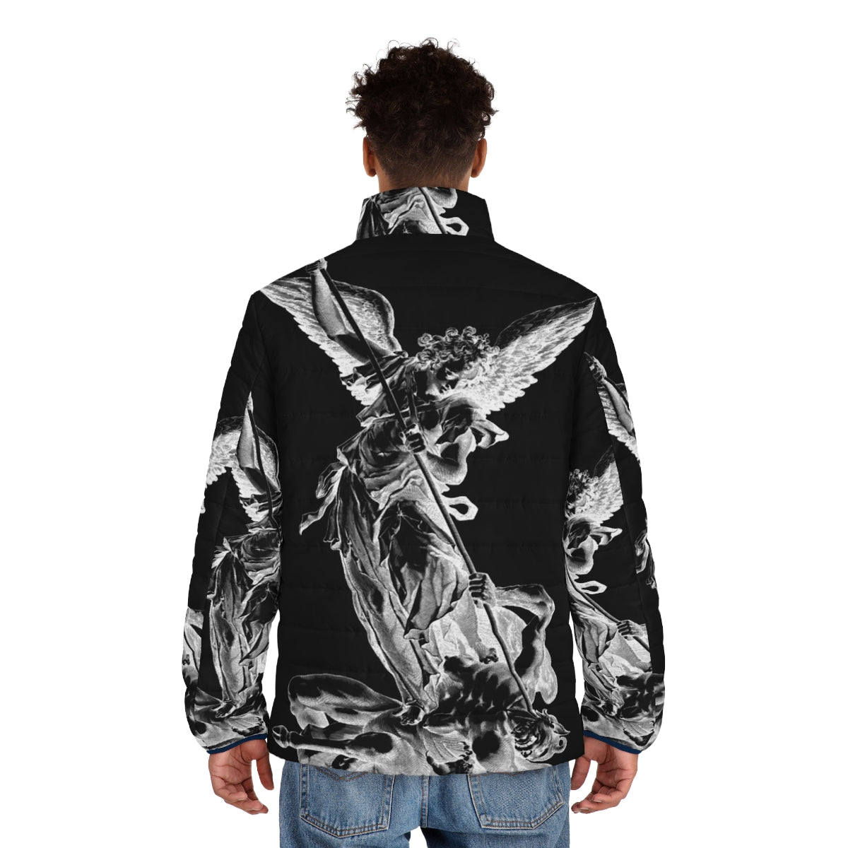 Archangel Michael puffer jacket featuring imagery of the celestial warrior conquering the devil - men back