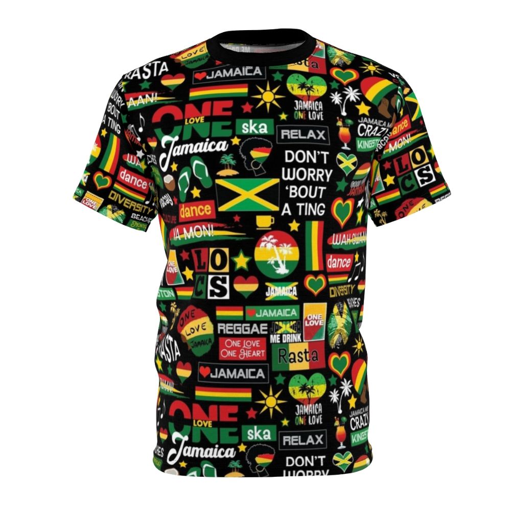 Model wearing a vibrant graphic tee with a Jamaica one love culture pattern design