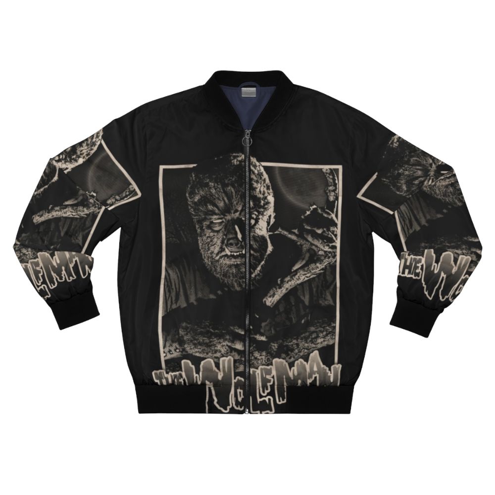 A vintage-inspired bomber jacket featuring a wolfman or werewolf design.