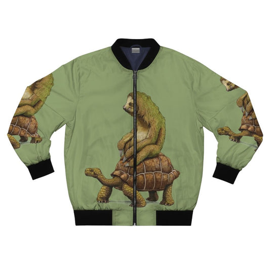 A bomber jacket with a humorous design featuring a sloth riding a turtle