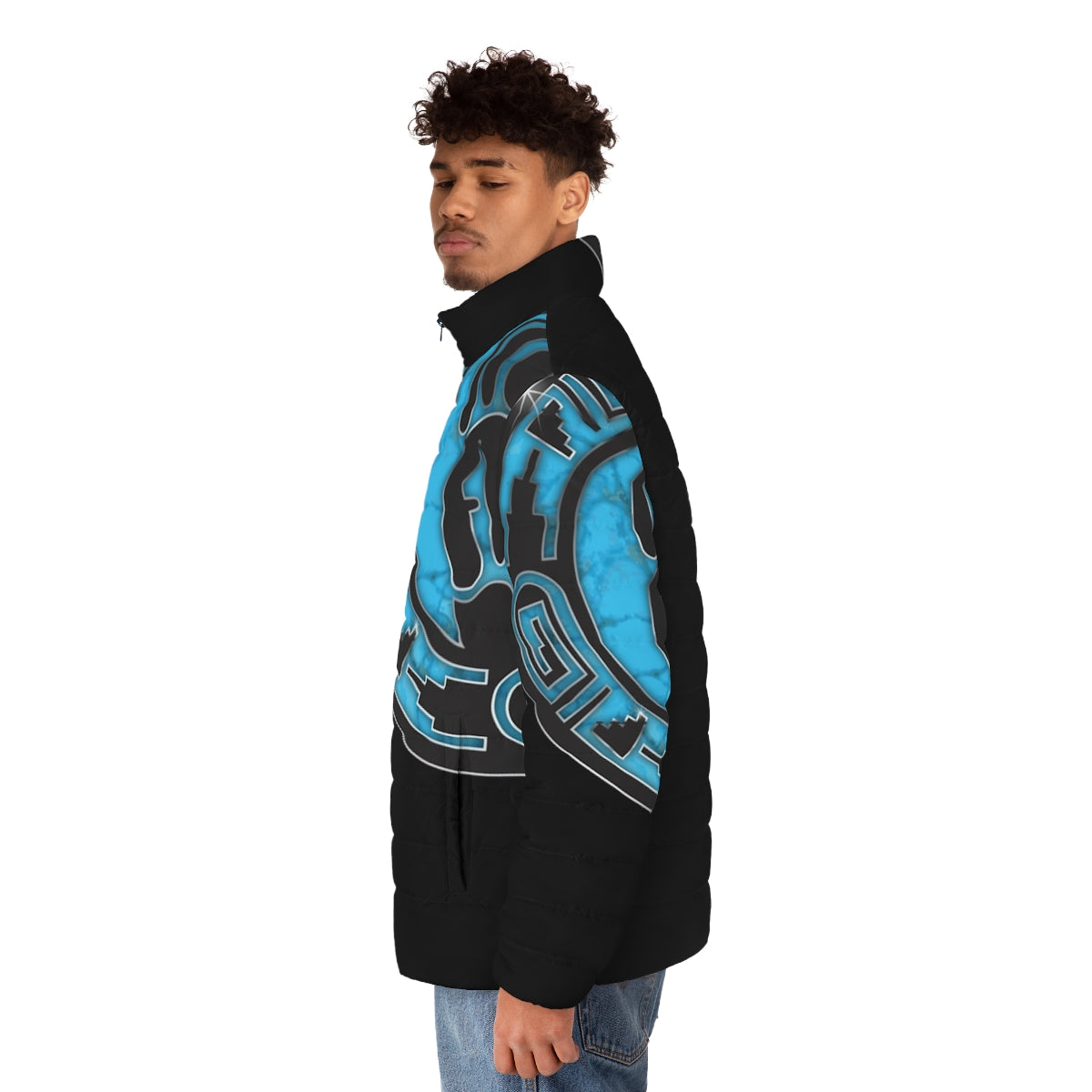 Hopi bear paw turquoise puffer jacket with native american cultural design - men side left