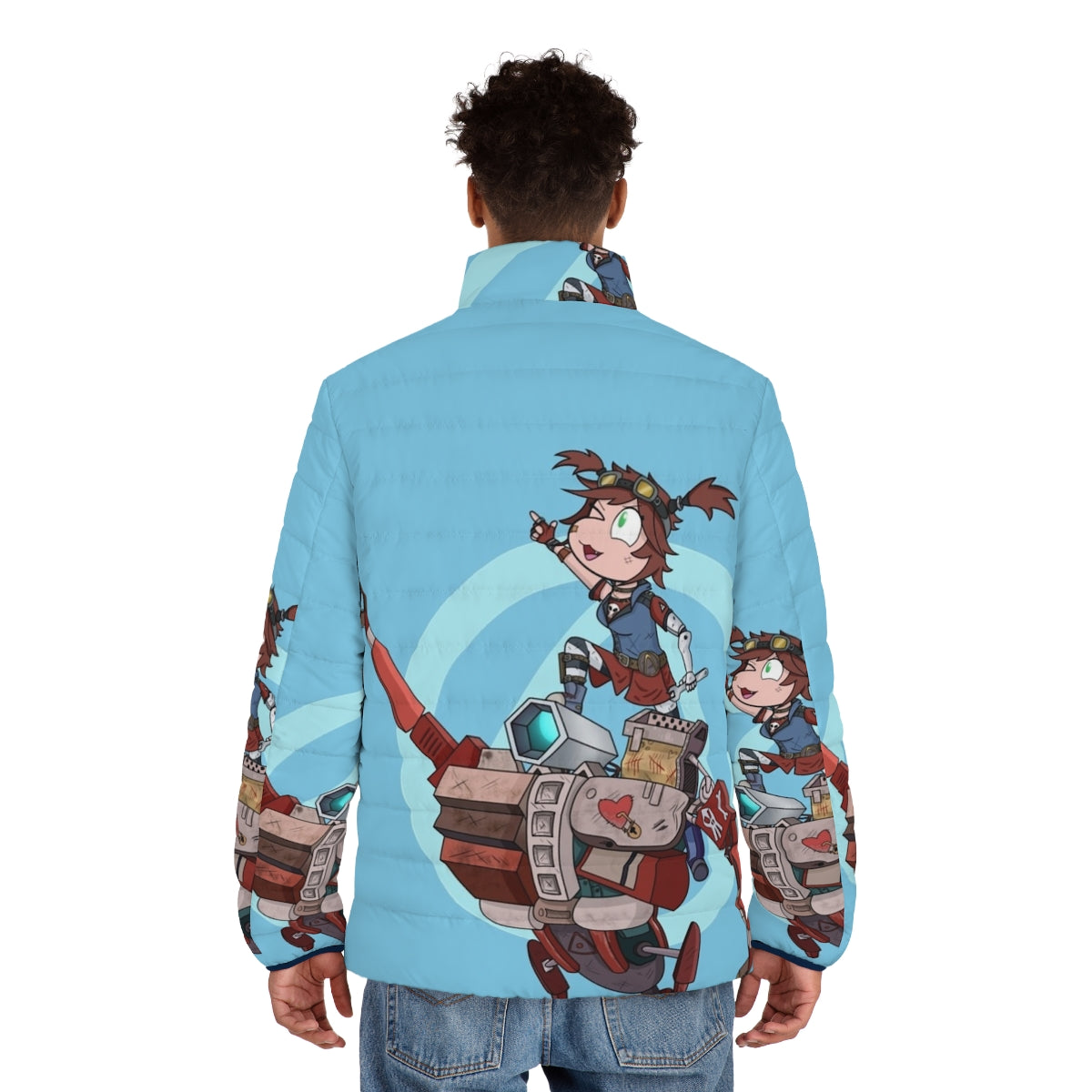 Borderlands 2 Gaige Puffer Jacket featuring the Mechromancer and her robot Deathtrap - men back