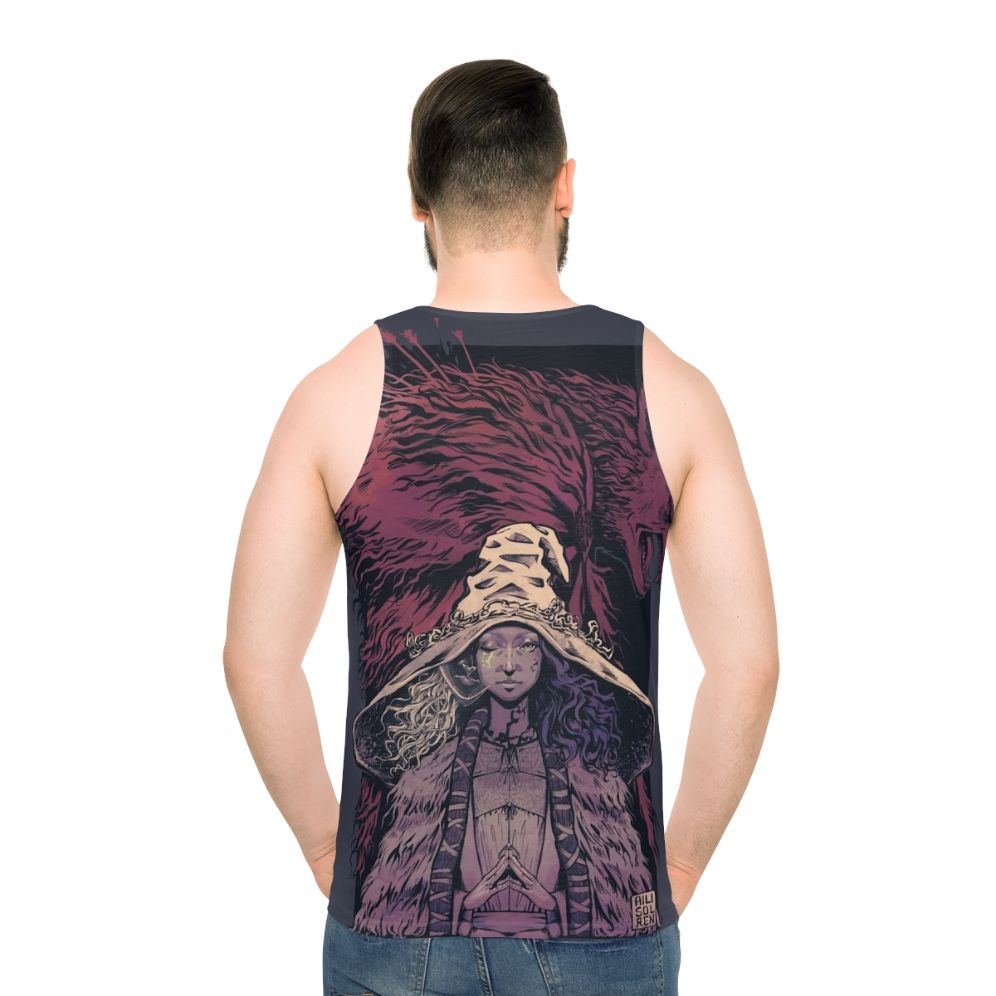 Desaturated unisex tank top featuring Ranni and Blaidd from Elden Ring - men back