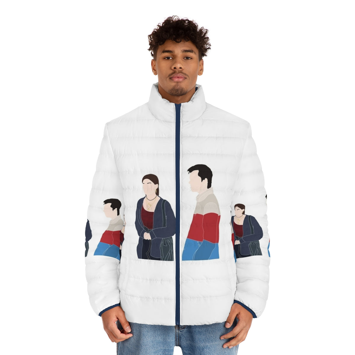 Sex Education Otis and Maeve Puffer Jacket featuring the main characters from the hit Netflix series - men front